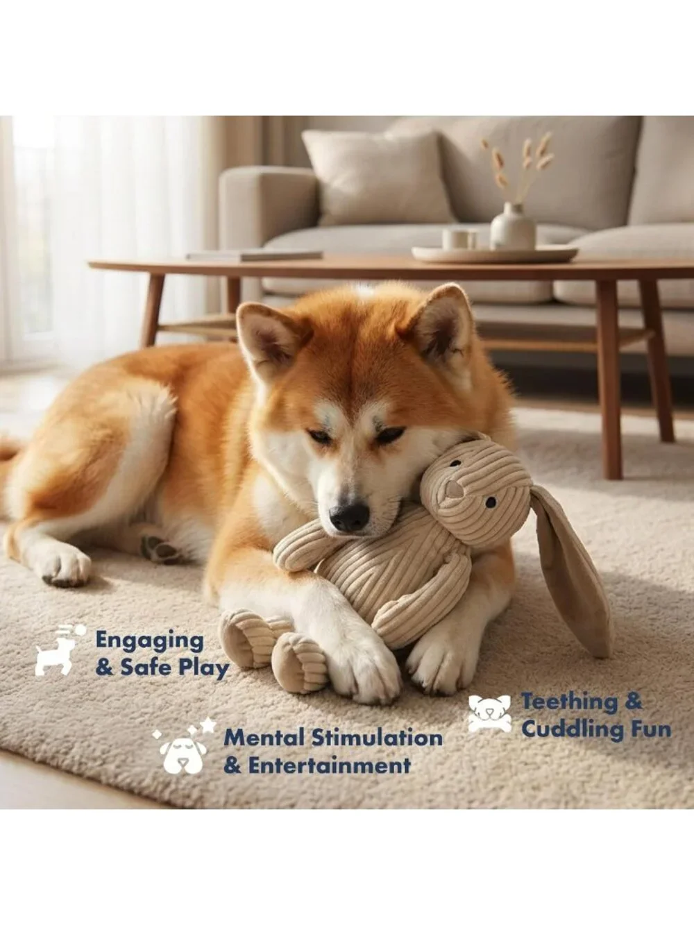 Soft Corduroy Rabbit Dog & Cat Toy - Multi-Squeaks, Crinkle Paper, 15